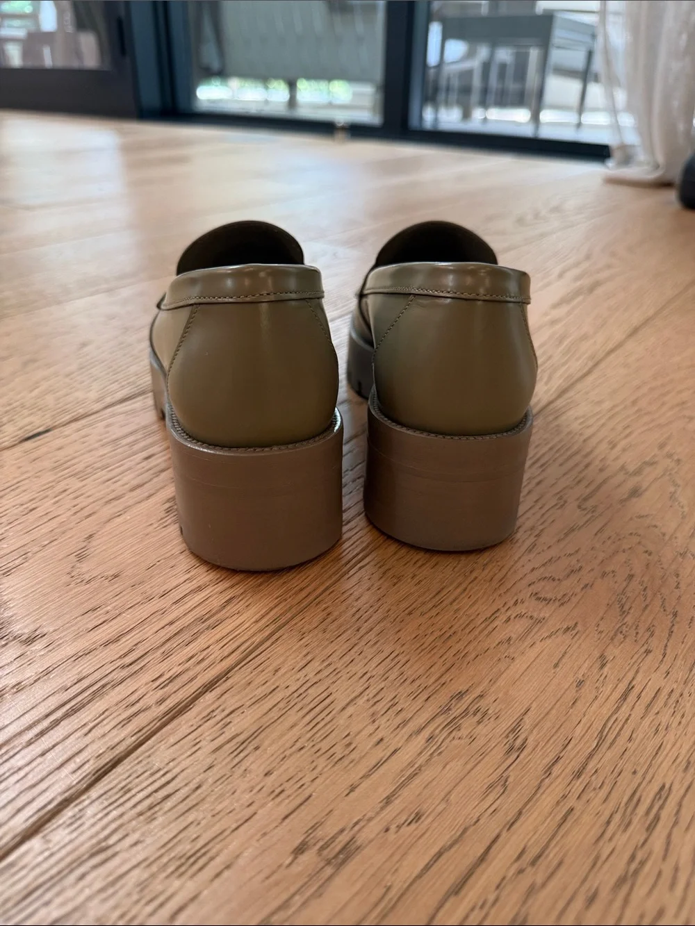 Chanel Khaki Green Leather Lug Sole Loafers